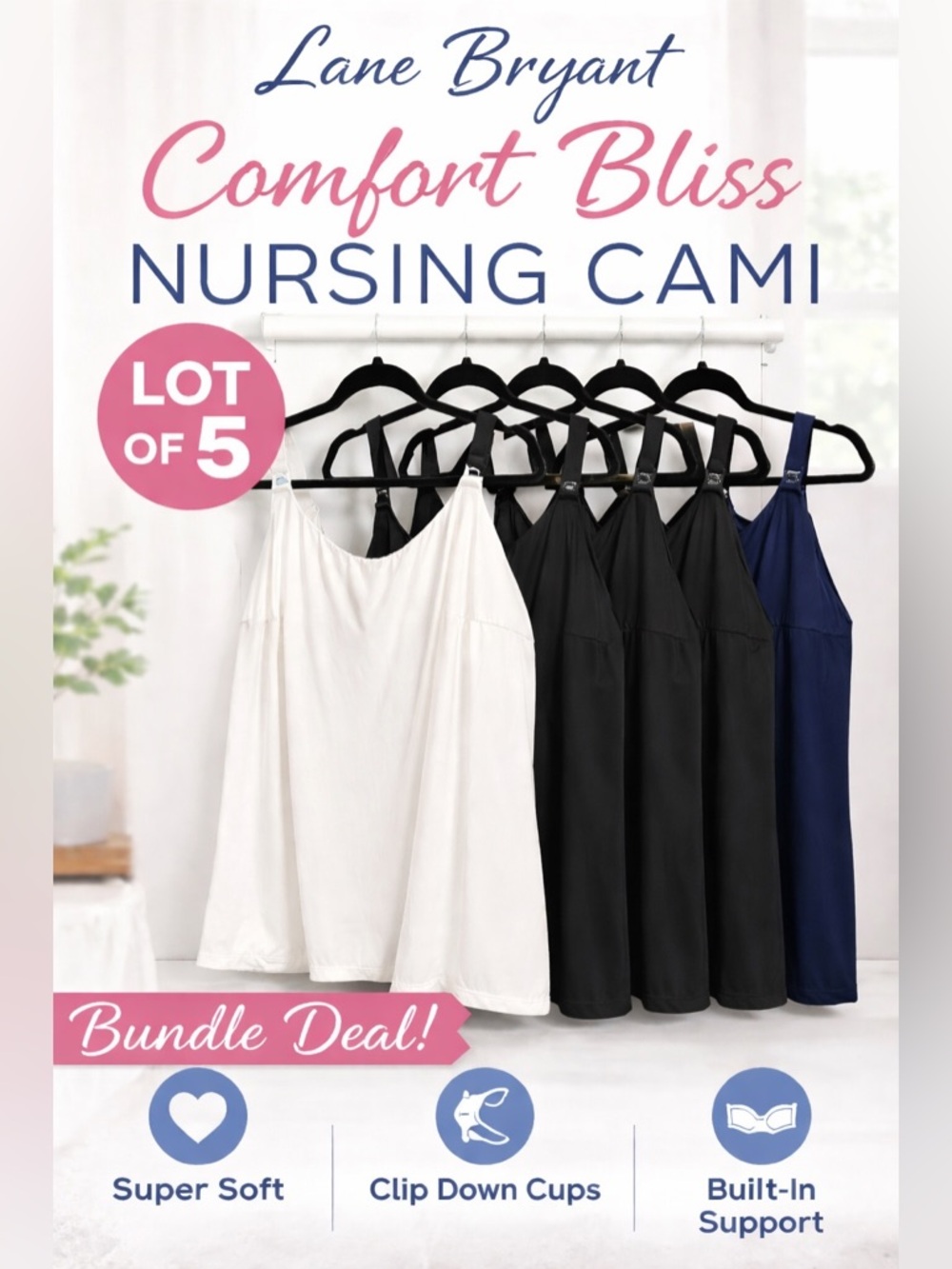Comfort Bliss Nursing Cami - Lot of 5 (White, Black, Navy) Lane Bryant